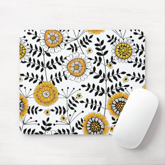 Doodle-Blume und -Blätter in Gelb und Schwarz Mousepad (Mit Mouse)