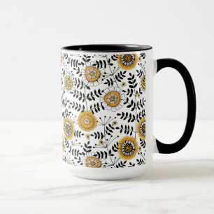 Doodle-Blume und -Blätter in Gelb und Schwarz Tasse