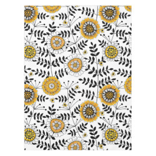 Doodle-Blume und -Blätter in Gelb und Schwarz Tischdecke