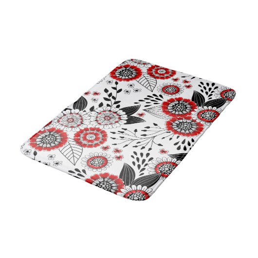Doodle-Blume und -Blätter in Rot und Schwarz Badematte (Schrägansicht)