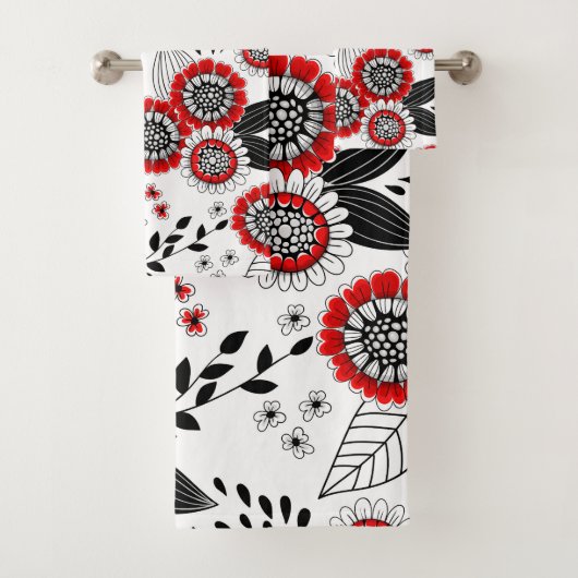 Doodle-Blume und -Blätter in Rot und Schwarz Badhandtuch Set (Insitu)