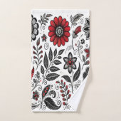 Doodle-Blume und -Blätter in Rot und Schwarz Badhandtuch Set (Handtuch)