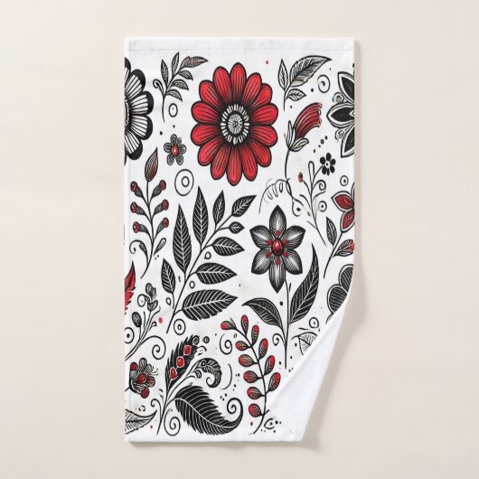 Doodle-Blume und -Blätter in Rot und Schwarz Badhandtuch Set (Handtuch)