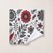 Doodle-Blume und -Blätter in Rot und Schwarz Badhandtuch Set (Waschlappen)