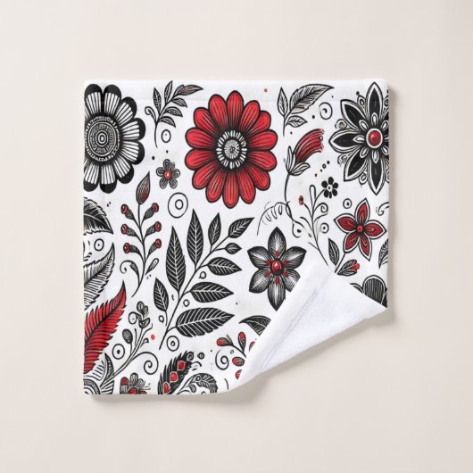 Doodle-Blume und -Blätter in Rot und Schwarz Badhandtuch Set (Waschlappen)