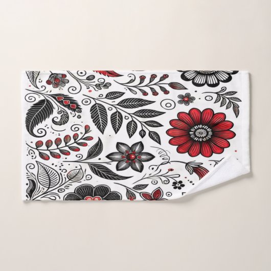 Doodle-Blume und -Blätter in Rot und Schwarz Badhandtuch Set (Handtuch)