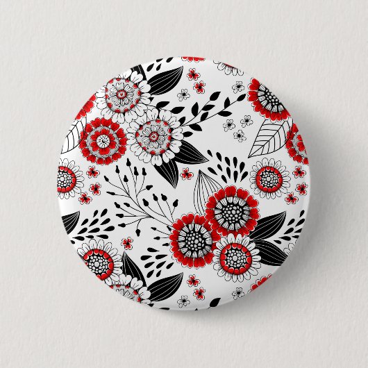 Doodle-Blume und -Blätter in Rot und Schwarz Button (Vorderseite)