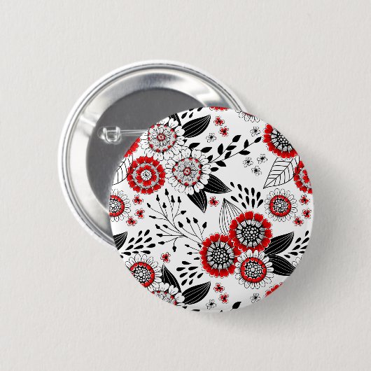 Doodle-Blume und -Blätter in Rot und Schwarz Button (Vorne & Hinten)