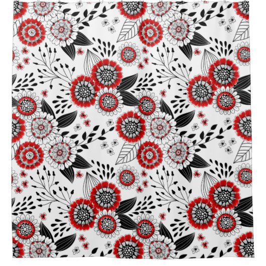 Doodle-Blume und -Blätter in Rot und Schwarz Duschvorhang (Vorderseite)