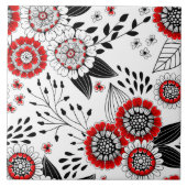 Doodle-Blume und -Blätter in Rot und Schwarz Fliese (Vorderseite)