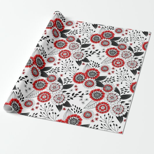 Doodle-Blume und -Blätter in Rot und Schwarz Geschenkpapier (Ungerollt)