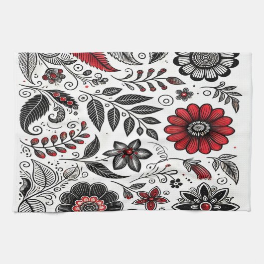 Doodle-Blume und -Blätter in Rot und Schwarz Geschirrtuch (Horizontal)