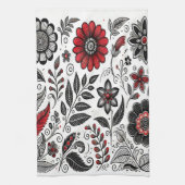 Doodle-Blume und -Blätter in Rot und Schwarz Geschirrtuch (Vertikal)