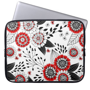 Doodle-Blume und -Blätter in Rot und Schwarz Laptopschutzhülle