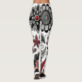 Doodle-Blume und -Blätter in Rot und Schwarz Leggings (Rückseite)