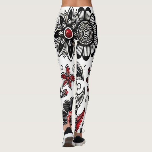 Doodle-Blume und -Blätter in Rot und Schwarz Leggings (Rückseite)