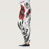Doodle-Blume und -Blätter in Rot und Schwarz Leggings (Links)