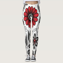 Doodle-Blume und -Blätter in Rot und Schwarz Leggings