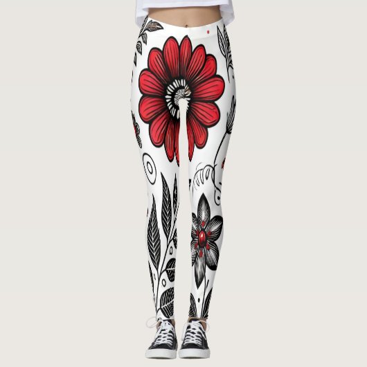 Doodle-Blume und -Blätter in Rot und Schwarz Leggings (Vorderseite)