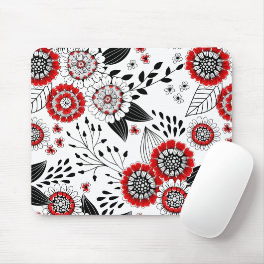 Doodle-Blume und -Blätter in Rot und Schwarz Mousepad (Mit Mouse)