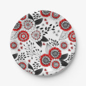 Doodle-Blume und -Blätter in Rot und Schwarz Pappteller (Vorderseite)
