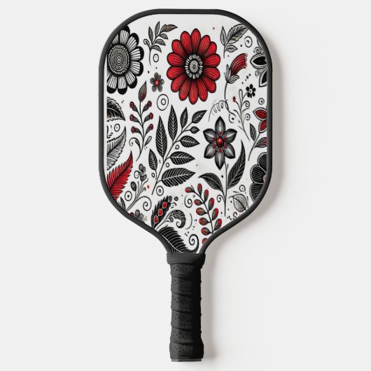 Doodle-Blume und -Blätter in Rot und Schwarz Pickleball Schläger (Vorderseite)
