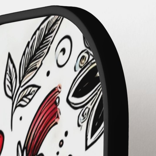 Doodle-Blume und -Blätter in Rot und Schwarz Pickleball Schläger (Linke Seite)