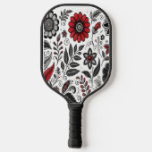 Doodle-Blume und -Blätter in Rot und Schwarz Pickleball Schläger (Rückseite)