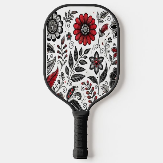 Doodle-Blume und -Blätter in Rot und Schwarz Pickleball Schläger (Rückseite)