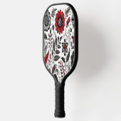 Doodle-Blume und -Blätter in Rot und Schwarz Pickleball Schläger (Links)