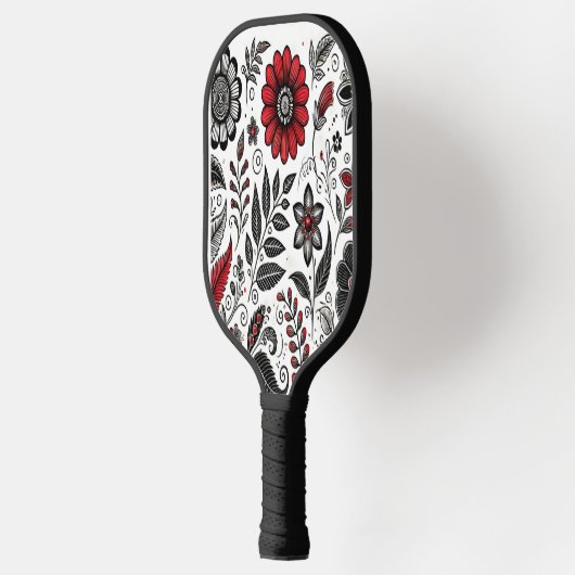 Doodle-Blume und -Blätter in Rot und Schwarz Pickleball Schläger (Links)