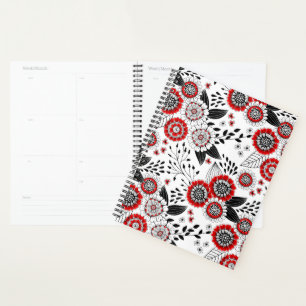Doodle-Blume und -Blätter in Rot und Schwarz Planer