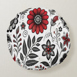 Doodle-Blume und -Blätter in Rot und Schwarz Rundes Kissen