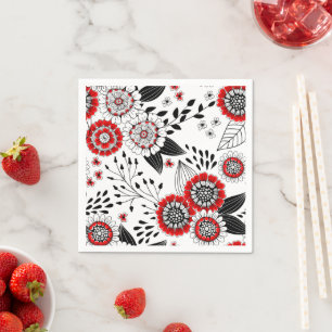Doodle-Blume und -Blätter in Rot und Schwarz Serviette