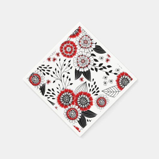 Doodle-Blume und -Blätter in Rot und Schwarz Serviette (Ecke)
