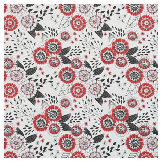 Doodle-Blume und -Blätter in Rot und Schwarz Stoff (Muster)