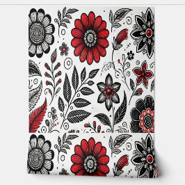 Doodle-Blume und -Blätter in Rot und Schwarz Tapete