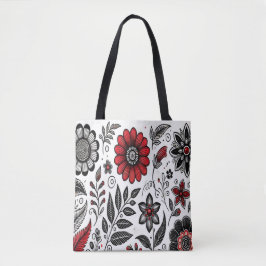 Doodle-Blume und -Blätter in Rot und Schwarz Tasche