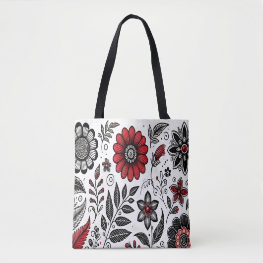 Doodle-Blume und -Blätter in Rot und Schwarz Tasche (Vorderseite)