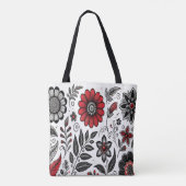 Doodle-Blume und -Blätter in Rot und Schwarz Tasche (Rückseite)