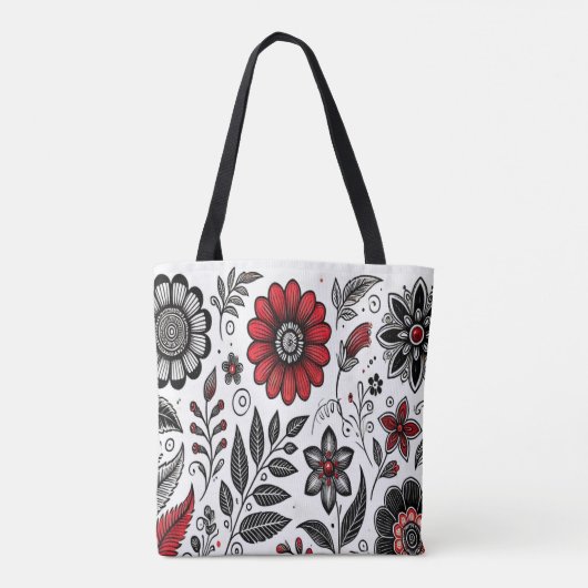 Doodle-Blume und -Blätter in Rot und Schwarz Tasche (Rückseite)