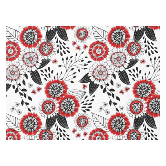 Doodle-Blume und -Blätter in Rot und Schwarz Tischdecke (Vorderseite (Horizontal))