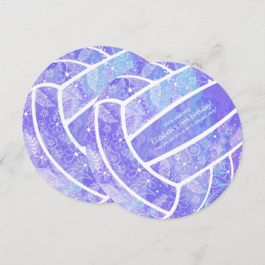 Doodle Blumenmuster lila Volleyball Einladung (Vorne/Hinten)