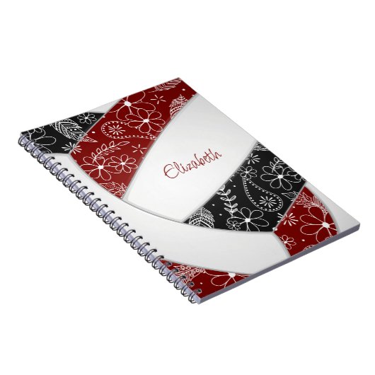 Doodle Blumenmuster Maroon schwarzer Boho Volleyba Notizblock (Rechte Seite)