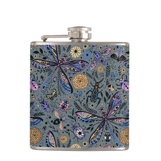 Doodle-Bugs auf Schiefergrau Flachmann (Vorderseite)