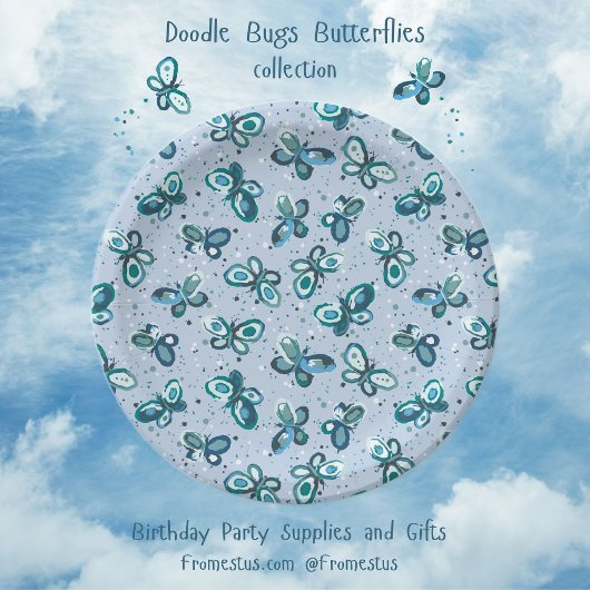 Doodle Bugs Schmetterlinge - blau - nahtloses Must Pappteller