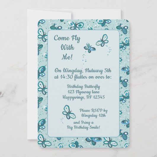 Doodle Bugs Schmetterlinge - Türkis - Geburtstag. Einladung (Rückseite)