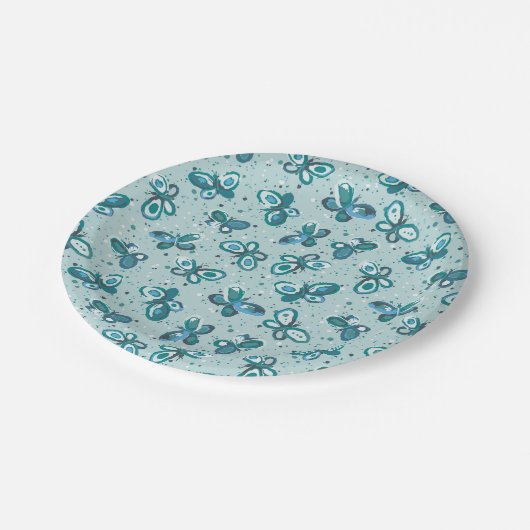 Doodle Bugs Schmetterlinge - türkis - Muster. Pappteller (Schrägansicht)