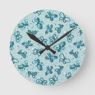 Doodle Bugs Schmetterlinge - türkis - Muster. Runde Wanduhr
