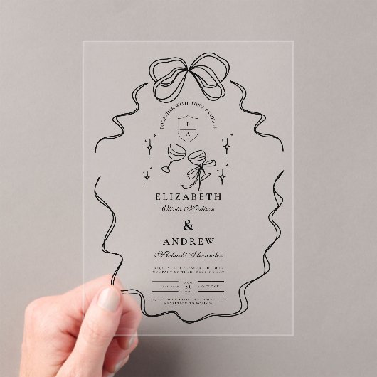 Doodle Champagne Whimsical Bow Wedding Acryleinladungen (Insitu (Handheld))